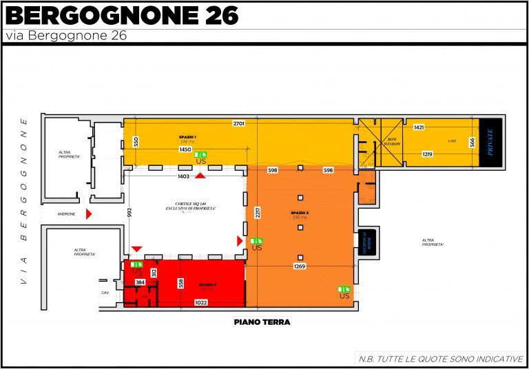 Planimetria di Spazio Bergognone 26 con i 3 spazi separabili, il cortile e le misure